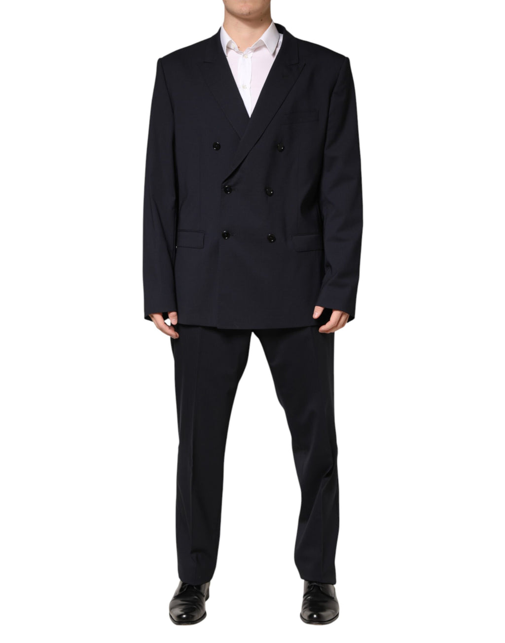 Costume homme Dolce & Gabbana en laine bleue à double boutonnage, costume deux pièces élégant et sophistiqué.