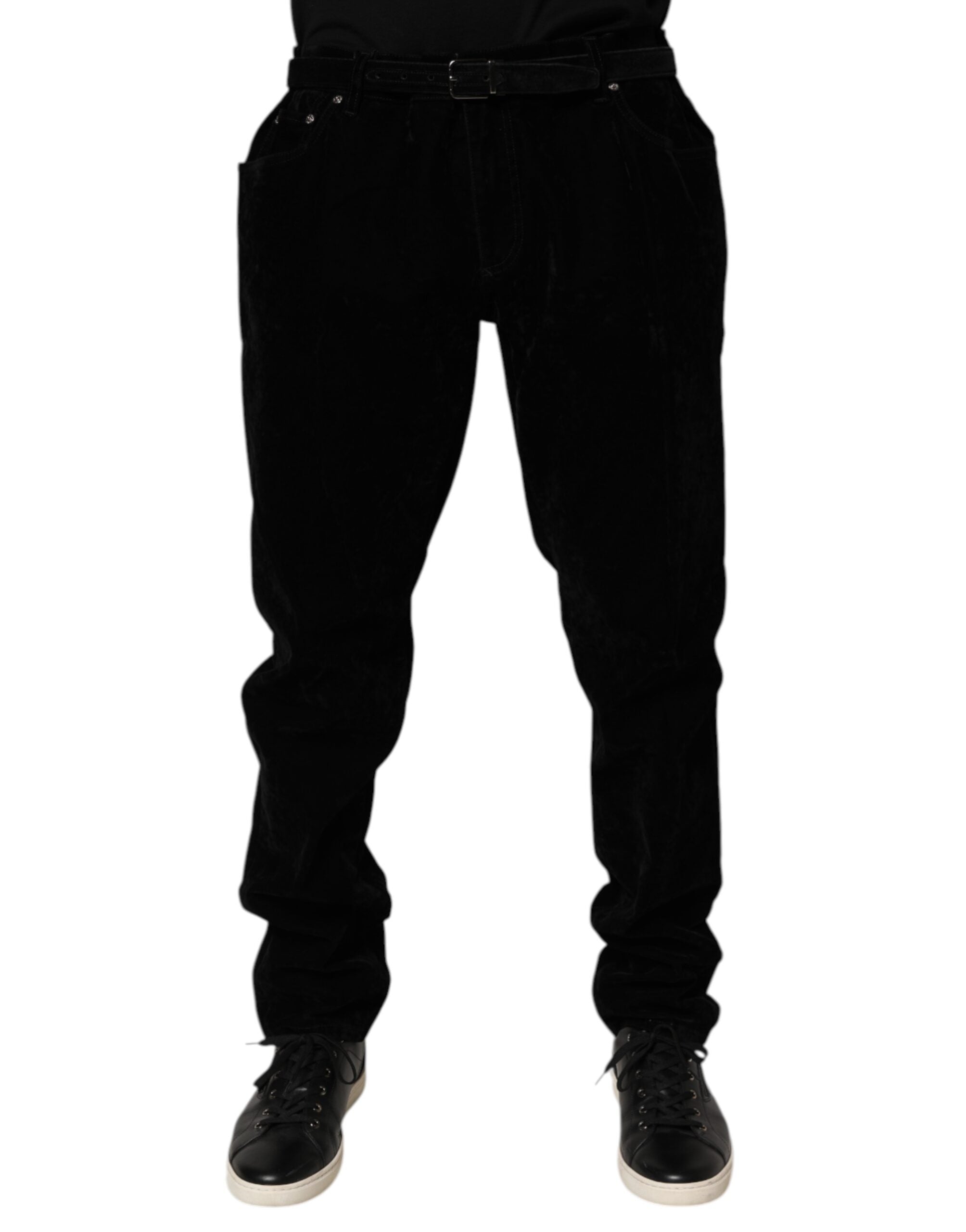 Pantalon en jean noir en coton Dolce & Gabbana, coupe slim, visible avec détails de couture et poches avant.