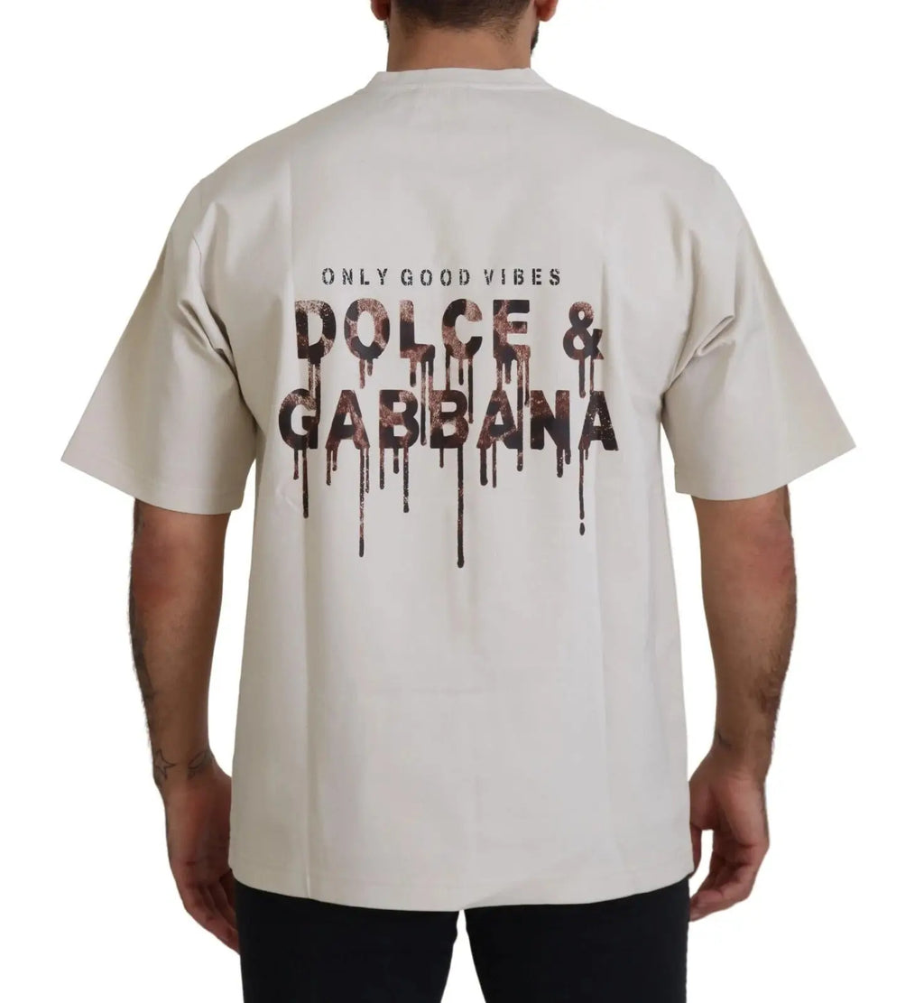 T-shirt beige dolce & gabbana en coton avec logo effet peinture noire coulante et texte only good vibes au dos