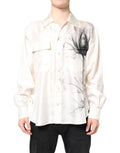 Chemise homme décontractée en satin ivoire dolce & gabbana avec imprimé botanique noir sur poitrine et manche