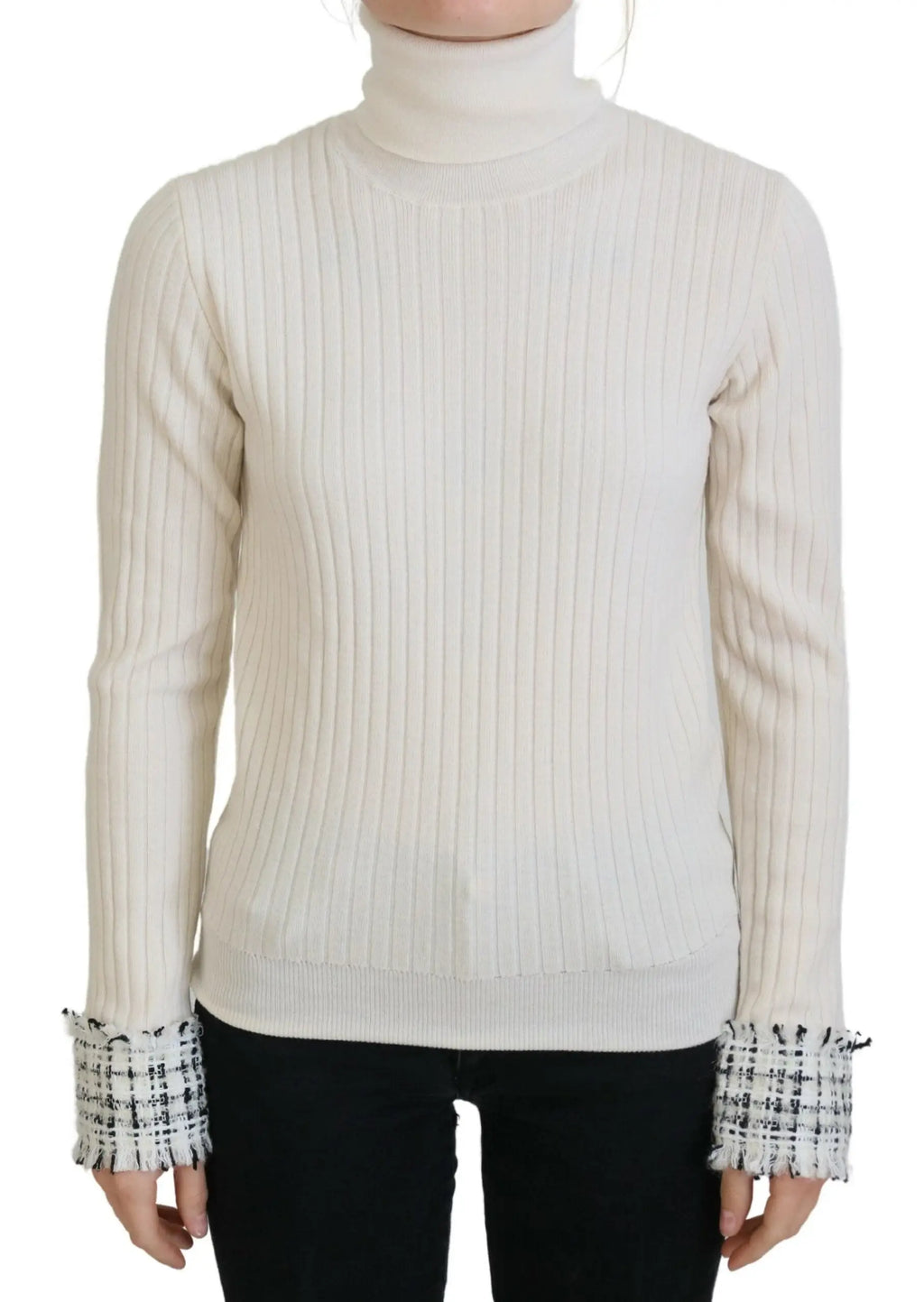 Pull-over dolce & gabbana ivoire en maille côtelée avec col roulé et poignets en tweed noir et blanc