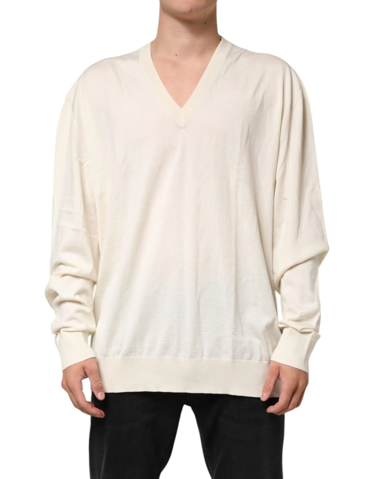 Pull dolce & gabbana ivoire en laine vierge pour homme avec col en v, manches longues et poignets côtelés amples