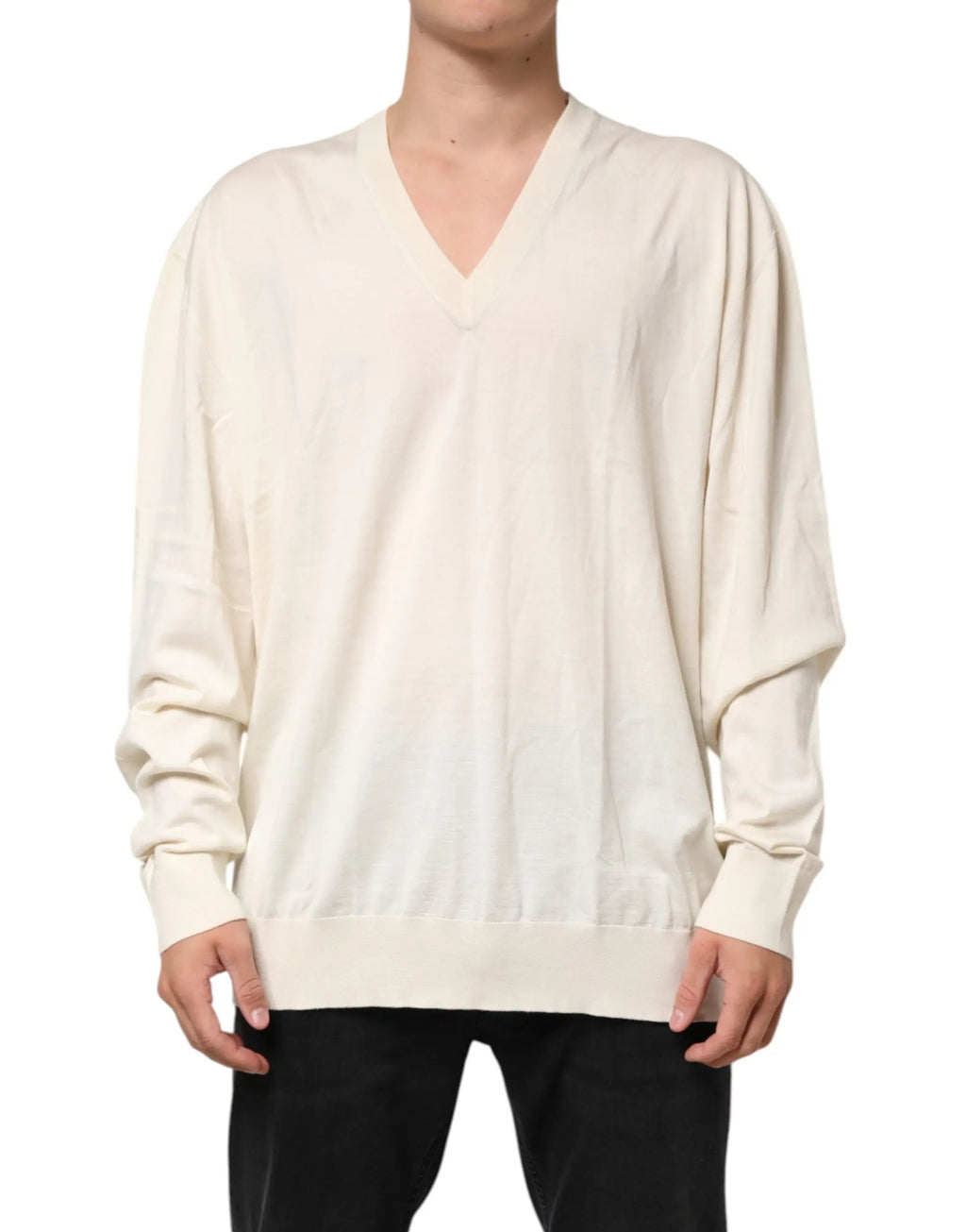 Pull col v en laine vierge ivoire pour homme dolce & gabbana à manches longues et poignets côtelés ample