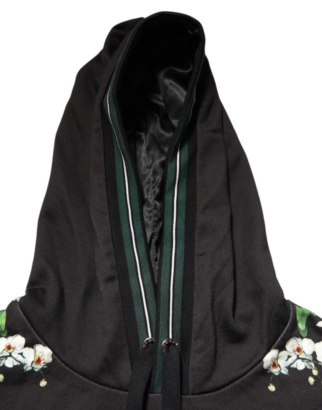 Sweat à capuche noir dolce & gabbana avec broderie orchidée blanche et fermeture éclair rayée verte et blanche