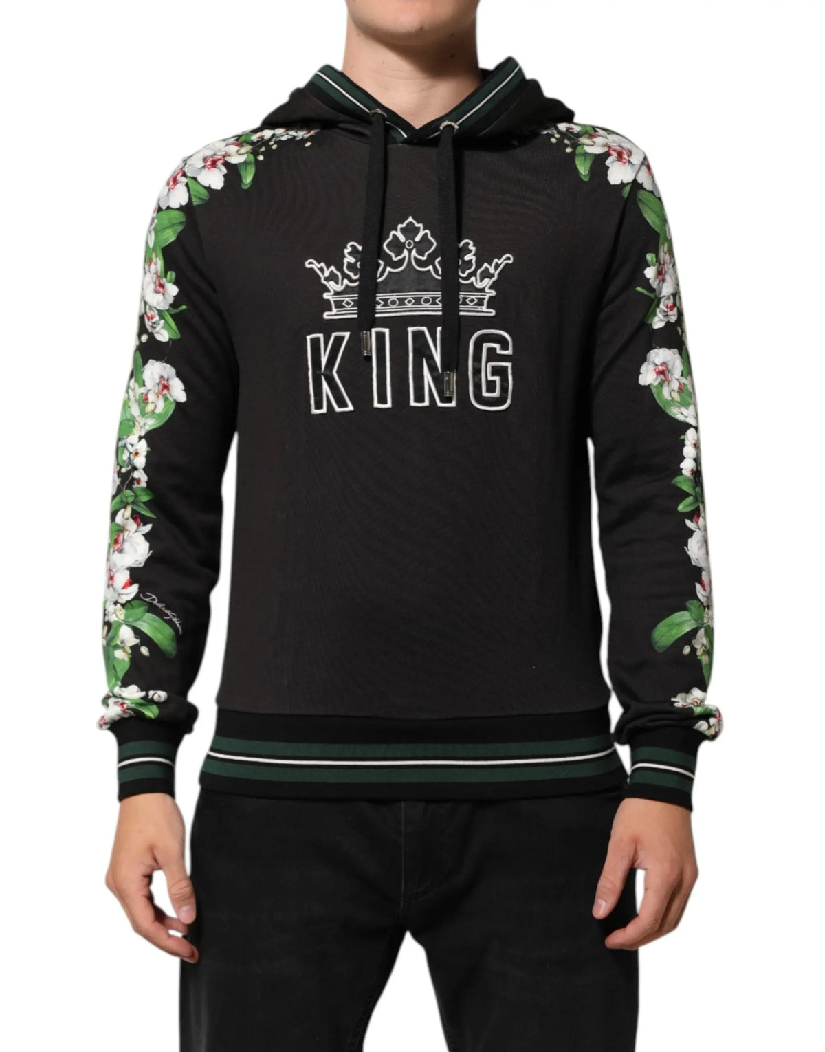 Dolce & gabbana king noir hoodie orné de broderies florales blanches sur les manches et logo couronne king
