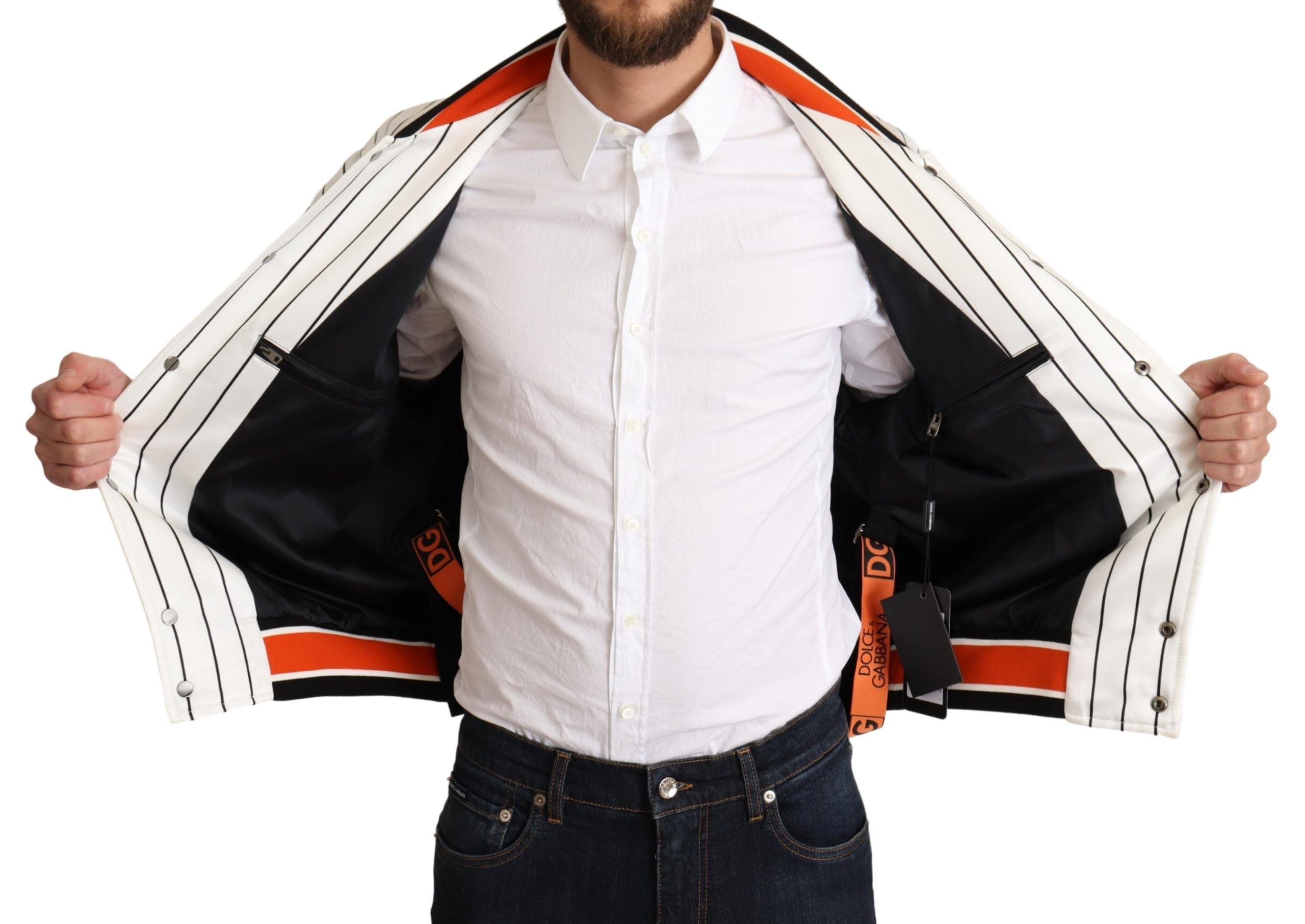 Veste bomber Dolce & Gabbana multicolore avec logo King, style moderne et tendance, vue de face sur fond neutre.