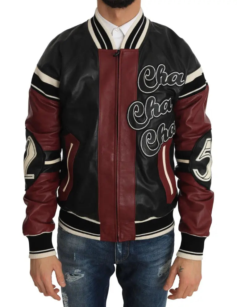 Dolce & Gabbana leather club lounge jacket en cuir noir et rouge avec lettrage blanc cha cha cha et accents rayés