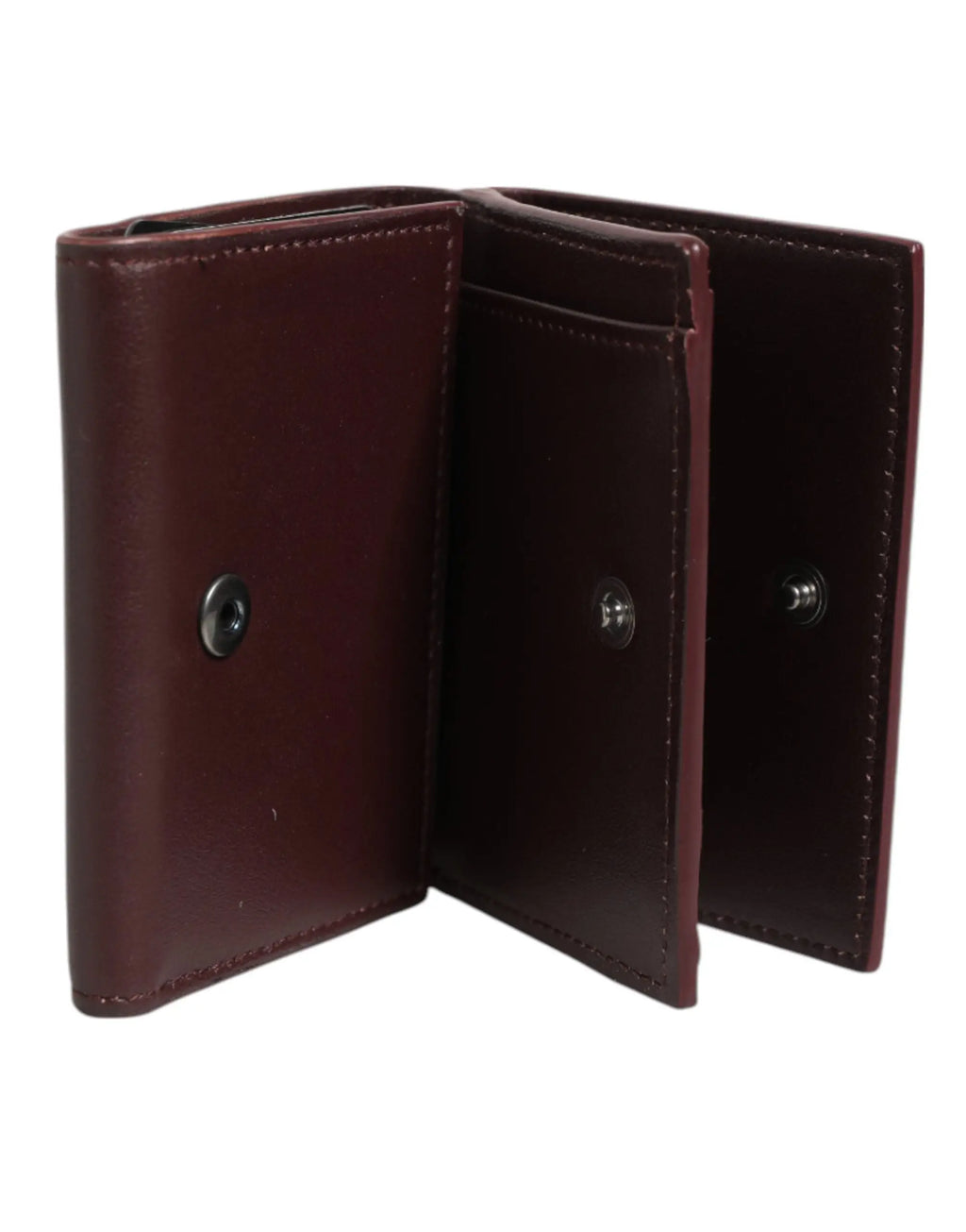 Portefeuille trifold en cuir marron foncé dolce & gabbana avec boutons pression argentés et couture soignée