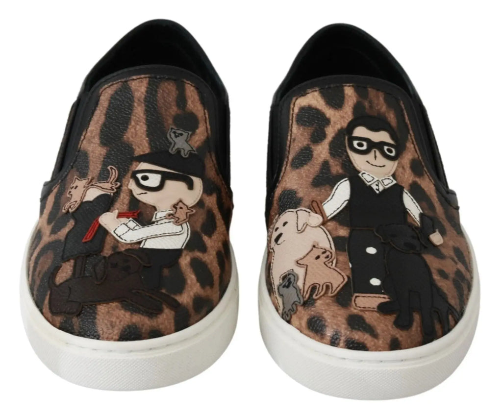 Dolce & gabbana leather leopard slip-on sneakers with cartoon appliqués and white rubber soles