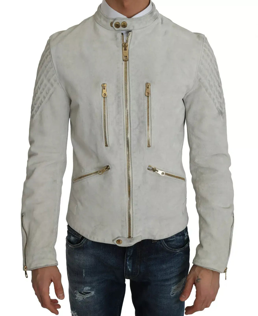 Veste moto blanche en cuir dolce gabbana avec suède gris clair, zips dorés et épaules matelassées