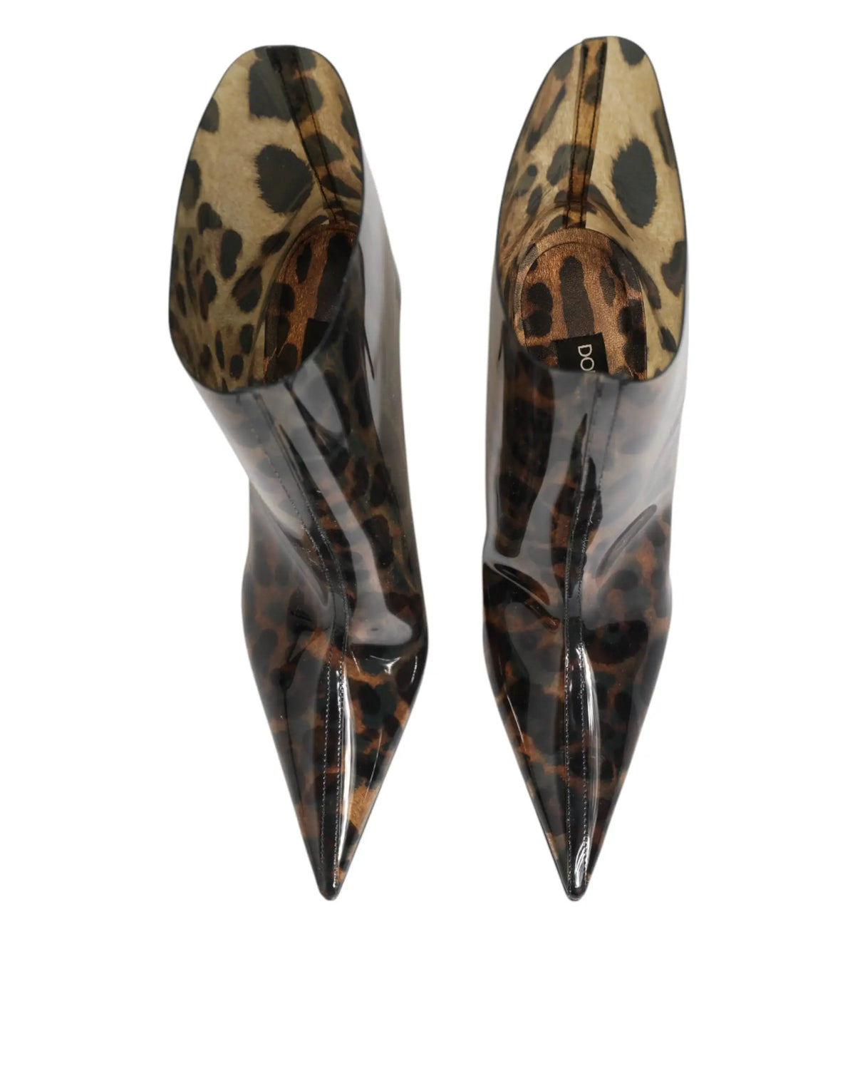 Bottes courtes à talons dolce & gabbana en pvc transparent imprimé léopard avec finition brillante et bout pointu