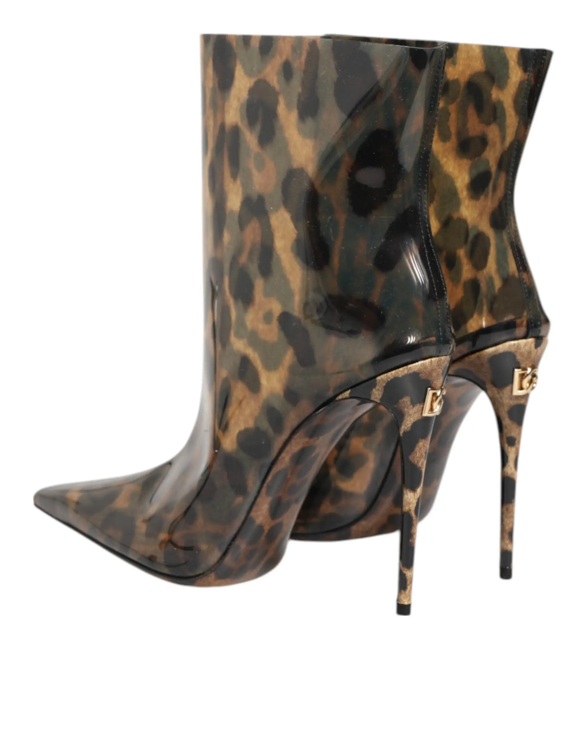 Bottes cheville dolce & gabbana en pvc imprimé léopard avec talons dorés accents peau vernie pointue
