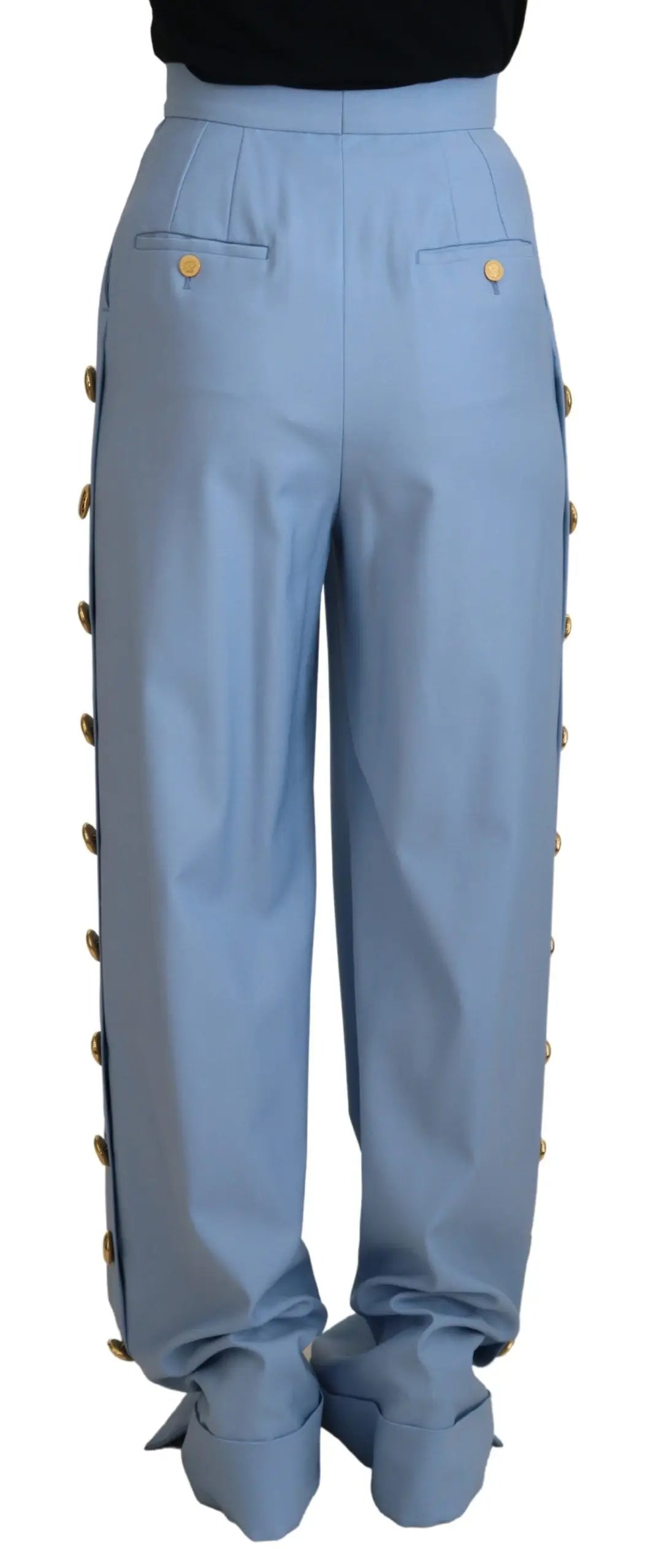 Pantalon large dolce & gabbana bleu clair taille haute avec boutons dorés et plis décoratifs sur chaque jambe