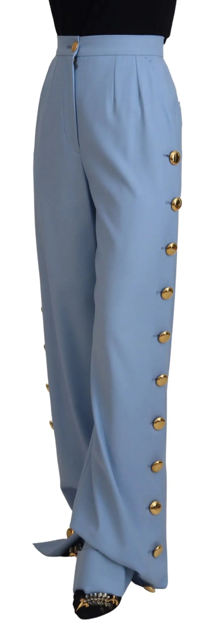 Pantalon large dolce & gabbana bleu clair taille haute avec boutons dorés le long de la jambe extérieure