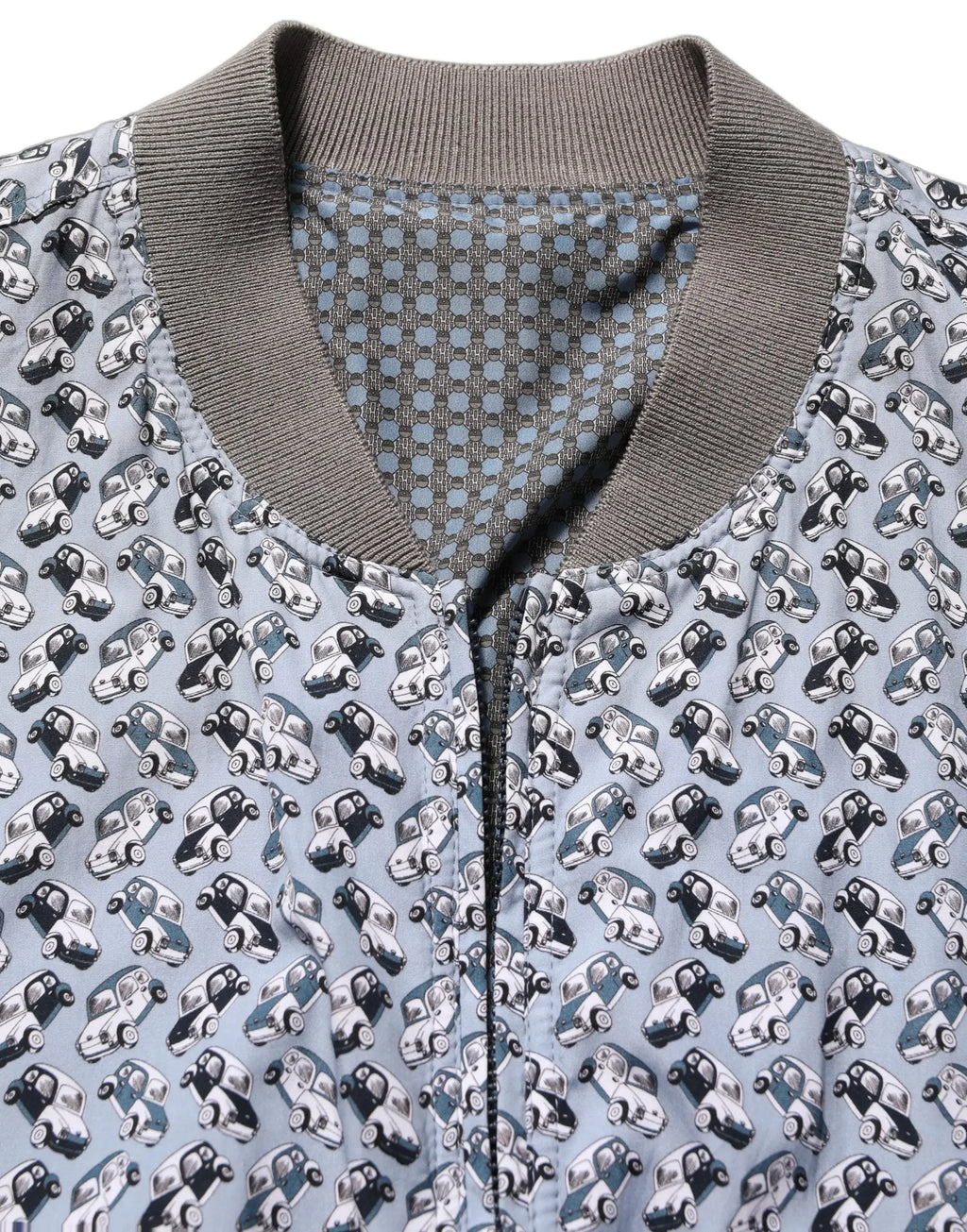 Veste bomber dolce & gabbana bleu clair en coton avec motif voitures vintage noires et blanches et col côtelé gris