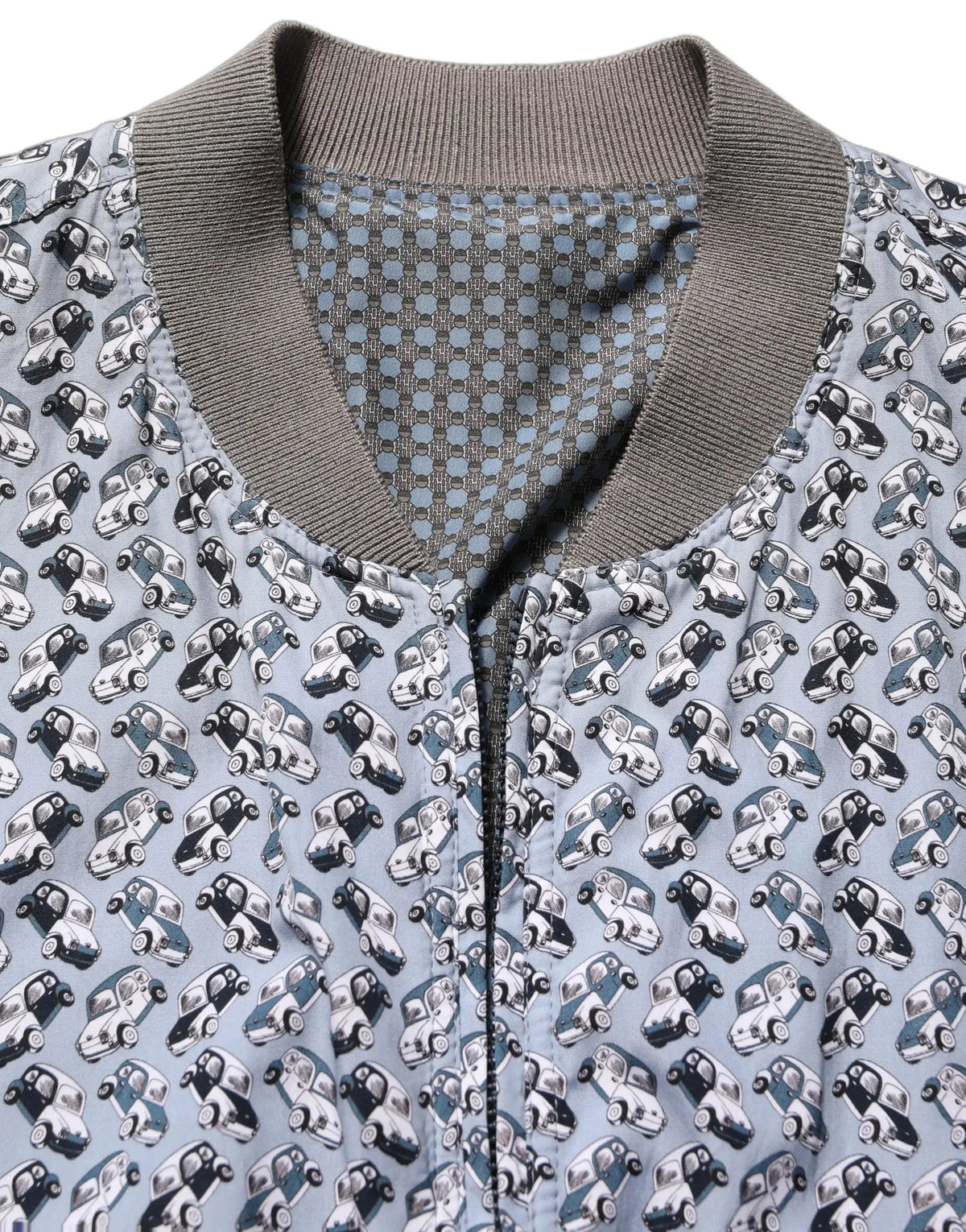 Veste bomber dolce & gabbana bleu clair en coton avec motif voitures vintage noires et blanches et col côtelé gris