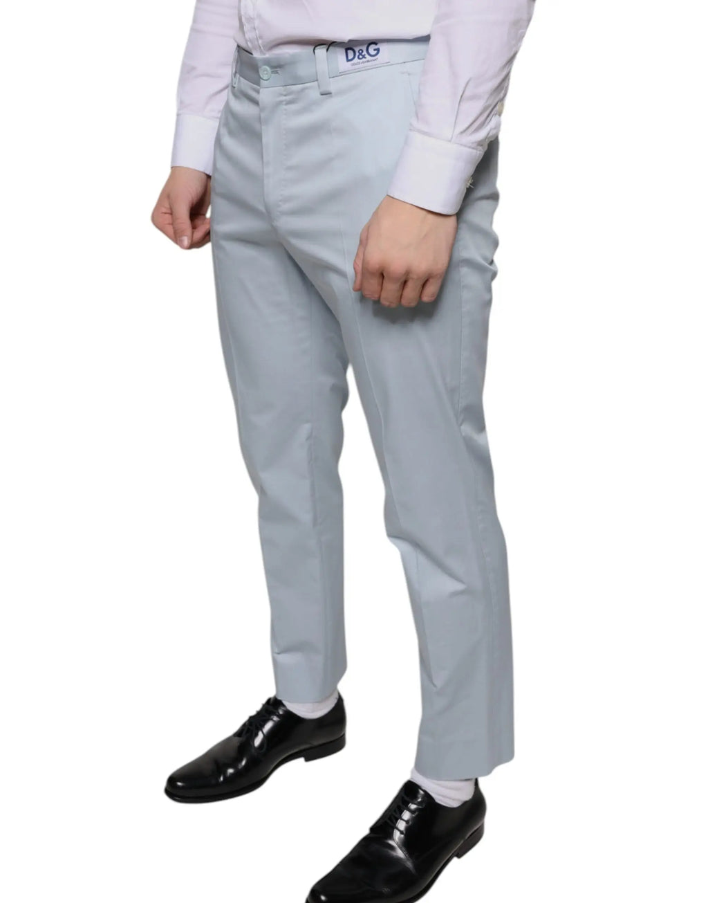 Pantalon habillé dolce gabbana bleu clair en coton pour homme avec coupe slim et plis subtils gris clair