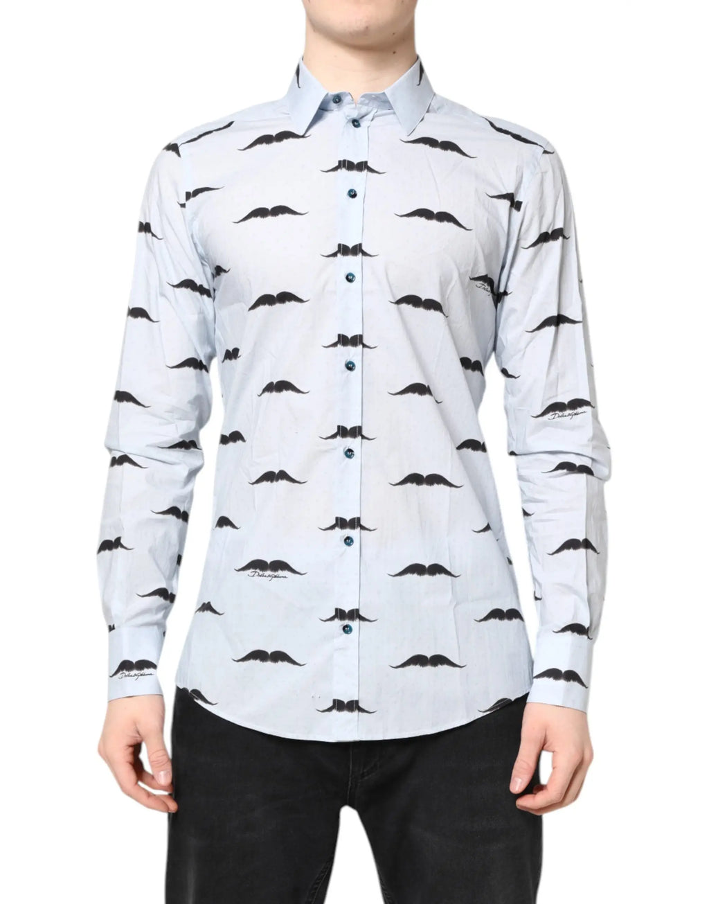 Chemise formelle dolce gabbana bleu clair en coton à manches longues avec motif répétitif de moustaches noires