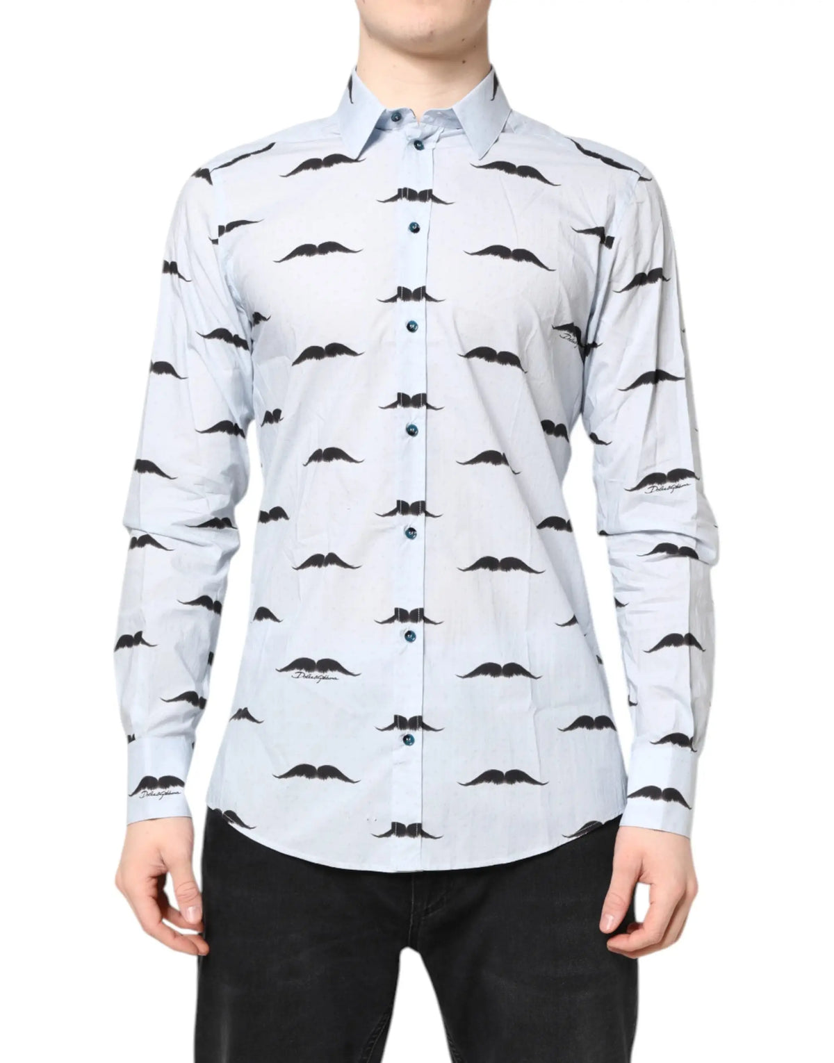 Chemise formelle dolce & gabbana en coton bleu clair à manches longues avec motif répétitif de moustaches noires