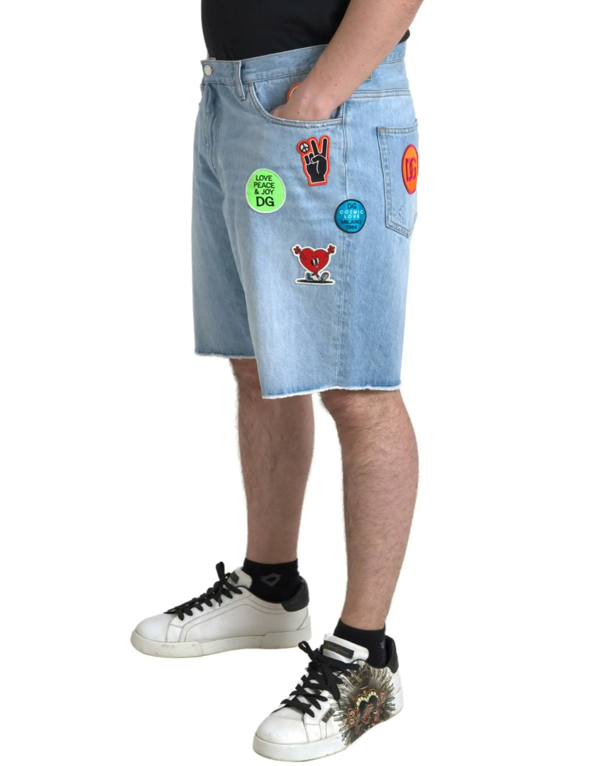 Short en denim bleu clair dolce gabbana pour homme avec patchs brodés colorés en coton