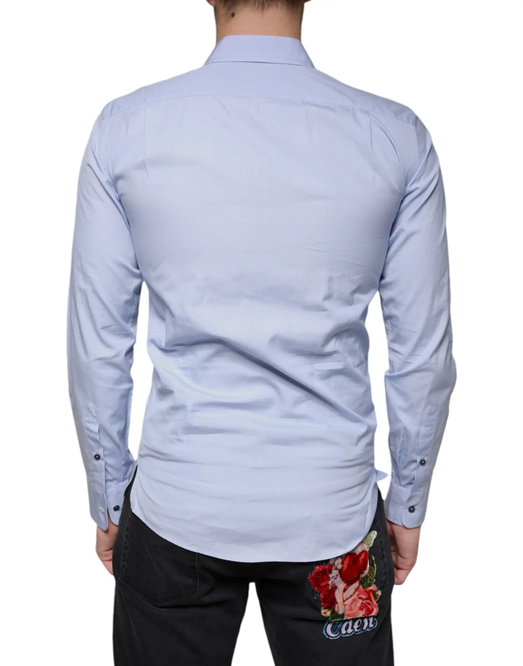 Chemise habillée homme dolce gabbana bleu clair en coton avec tissage texturé subtil et patch floral brodé au dos