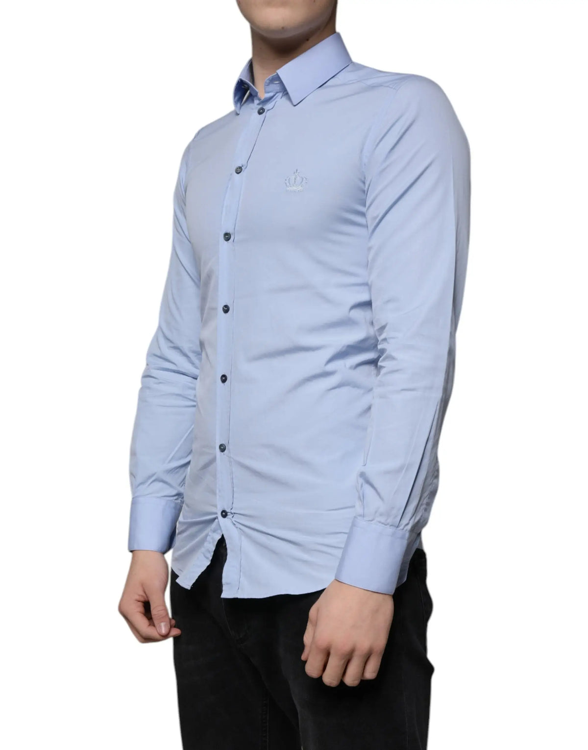 Chemise habillée slim fit en coton bleu clair pour homme avec logo couronne brodé dolce gabbana