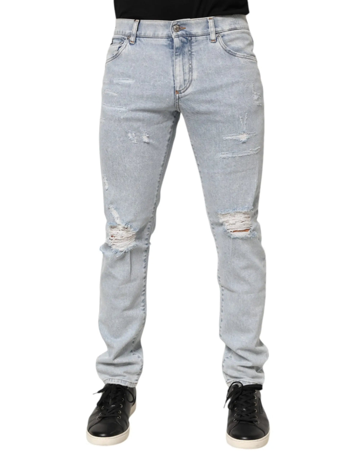 Dolce & gabbana jean slim fit bleu clair en denim délavé avec genoux déchirés et détails usés