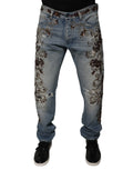 Jean skinny en denim bleu clair dolce gabbana avec broderies florales sombres et embellissements détaillés