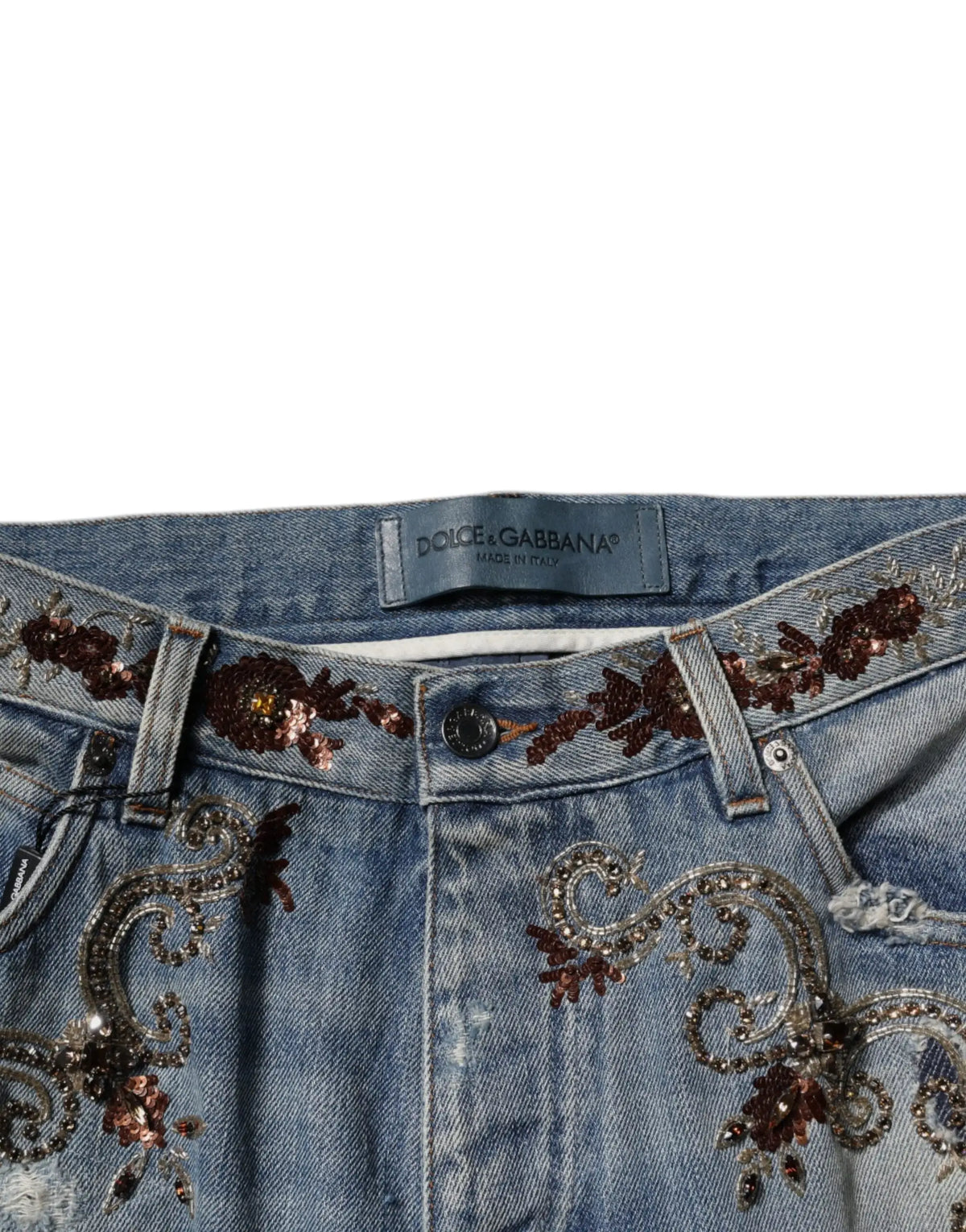 Jeans skinny en denim bleu clair dolce gabbana avec broderie florale détaillée en sequins et perles marron argent or