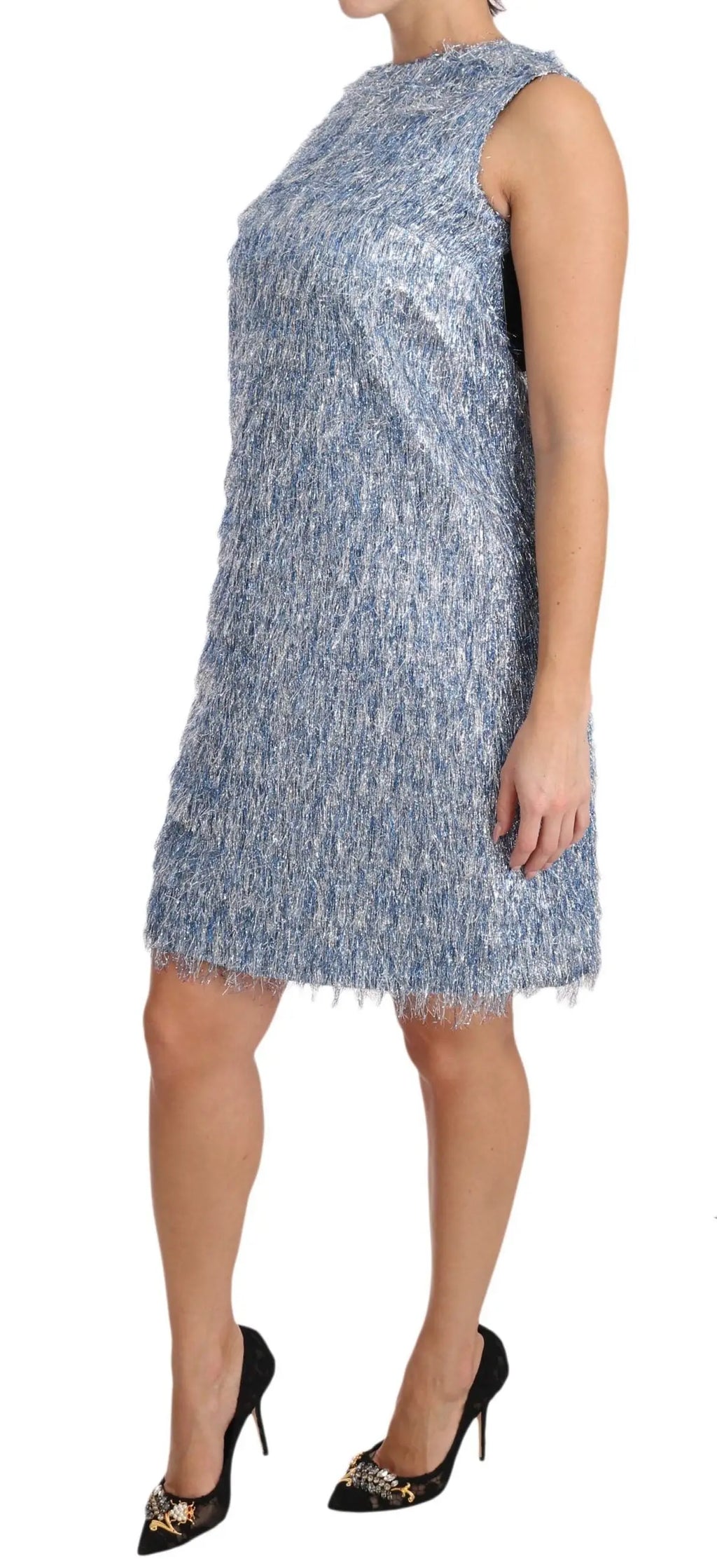 Robe droite sans manches bleu clair et argentée texturée avec ourlet à franges dolce gabbana