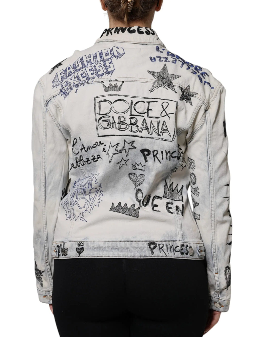 Veste en jean blanche dolce & gabbana light blue avec lettrage graffiti noir étoiles et couronnes