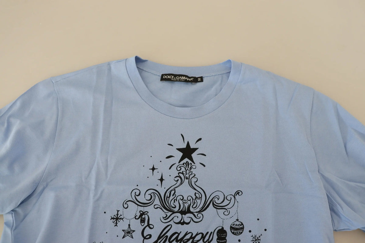 T-shirt dolce & gabbana bleu clair en coton avec un sapin de noël noir orné d’étoiles et décorations