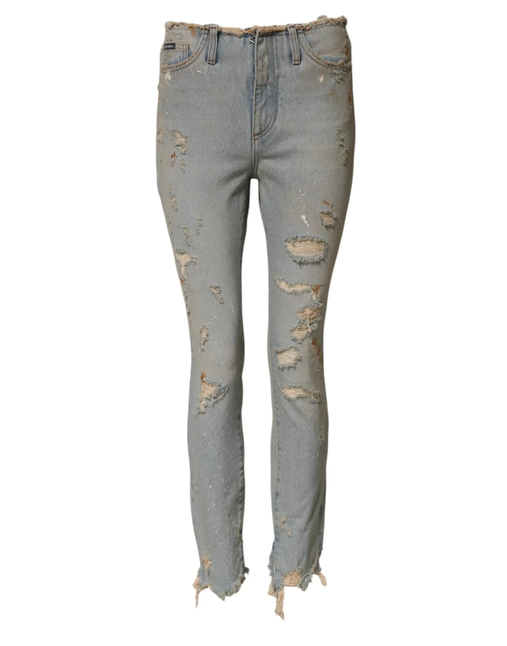 Jeans skinny taille haute en denim bleu clair distressed avec déchirures et ourlets effilochés de dolce & gabbana