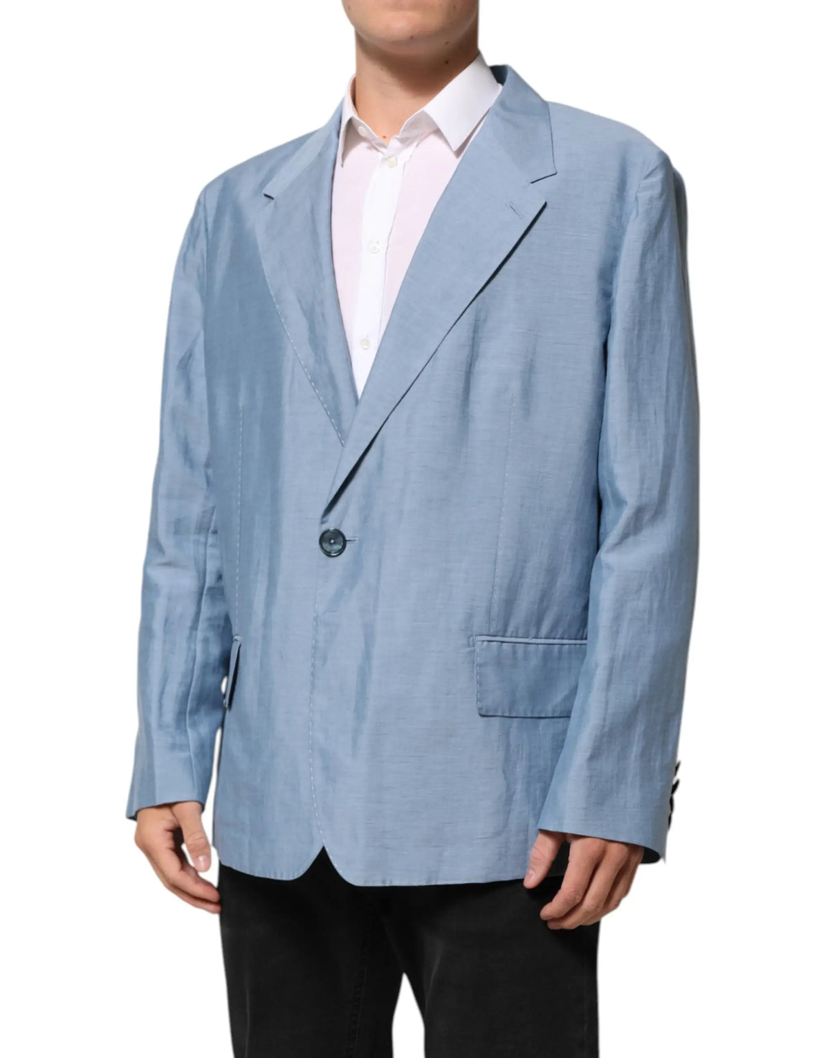 Blazer homme dolce & gabbana bleu clair en lin avec fermeture à un bouton et poches à rabat