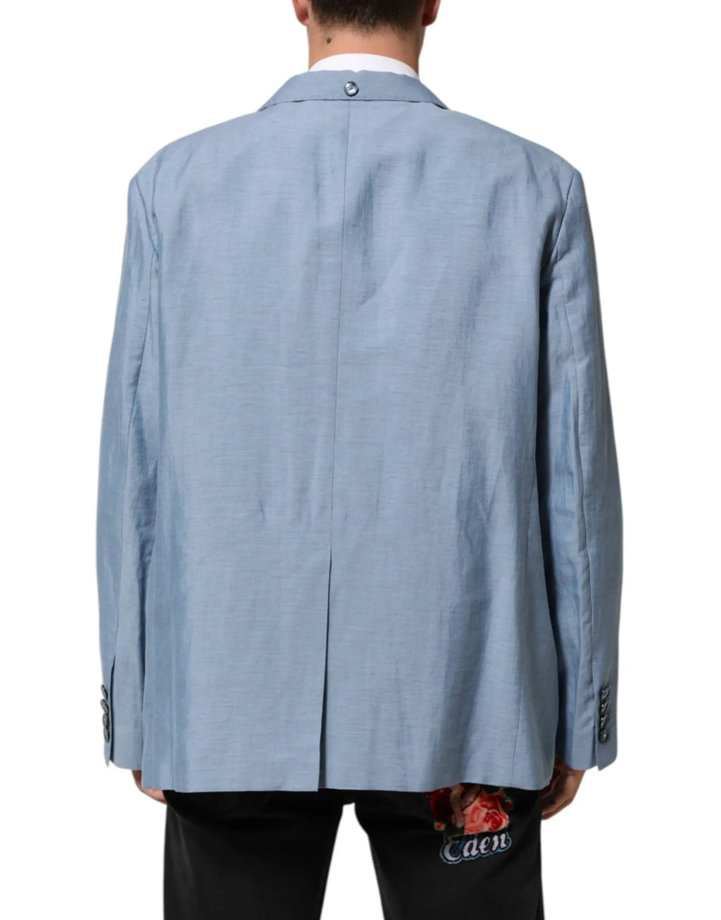 Dolce & Gabbana blazer homme en lin bleu clair avec texture subtile et bouton unique au col