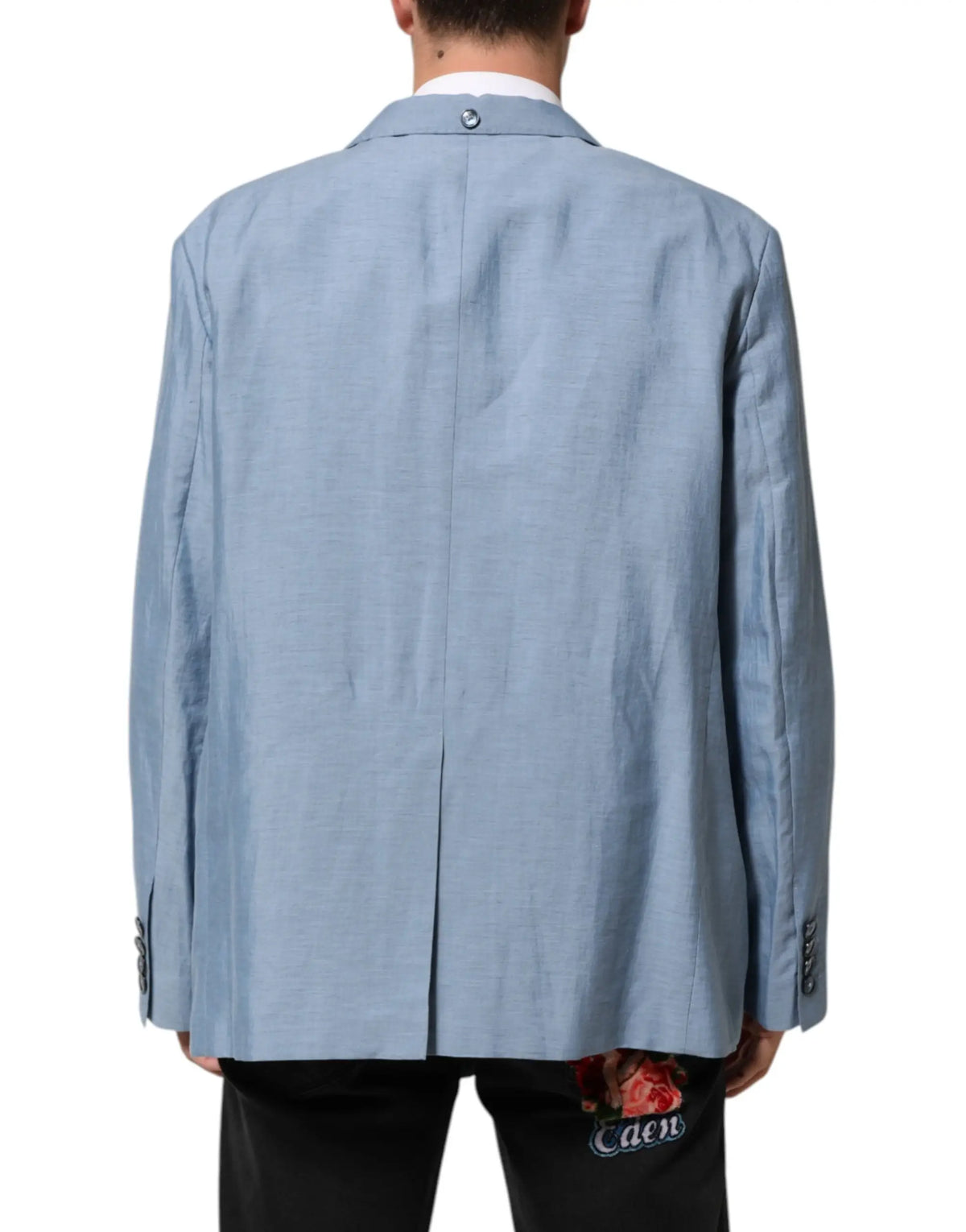 Dolce & Gabbana blazer homme en lin bleu clair avec texture subtile et bouton unique au col