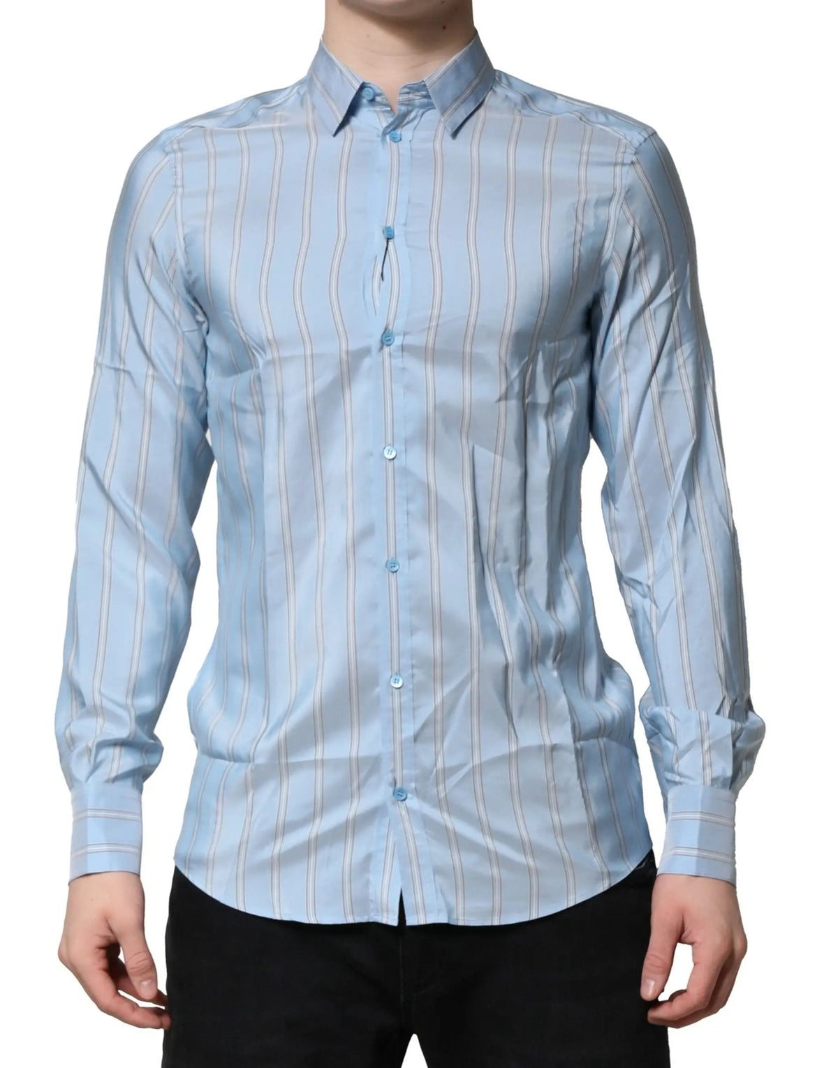 Chemise habillée dolce & gabbana light blue martini à rayures bleu clair avec boutons assortis et rayures verticales subtiles