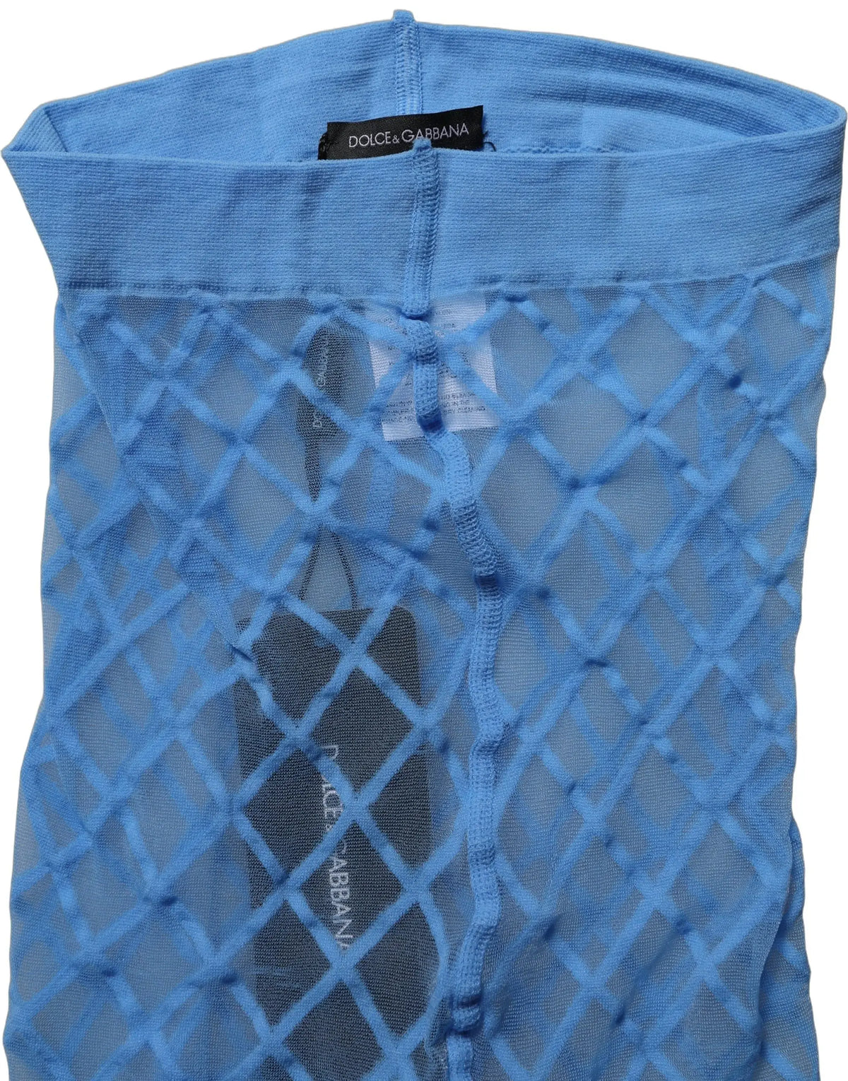 Top en maille légère bleu clair avec motif losange et étiquette noire dolce & gabbana en nylon