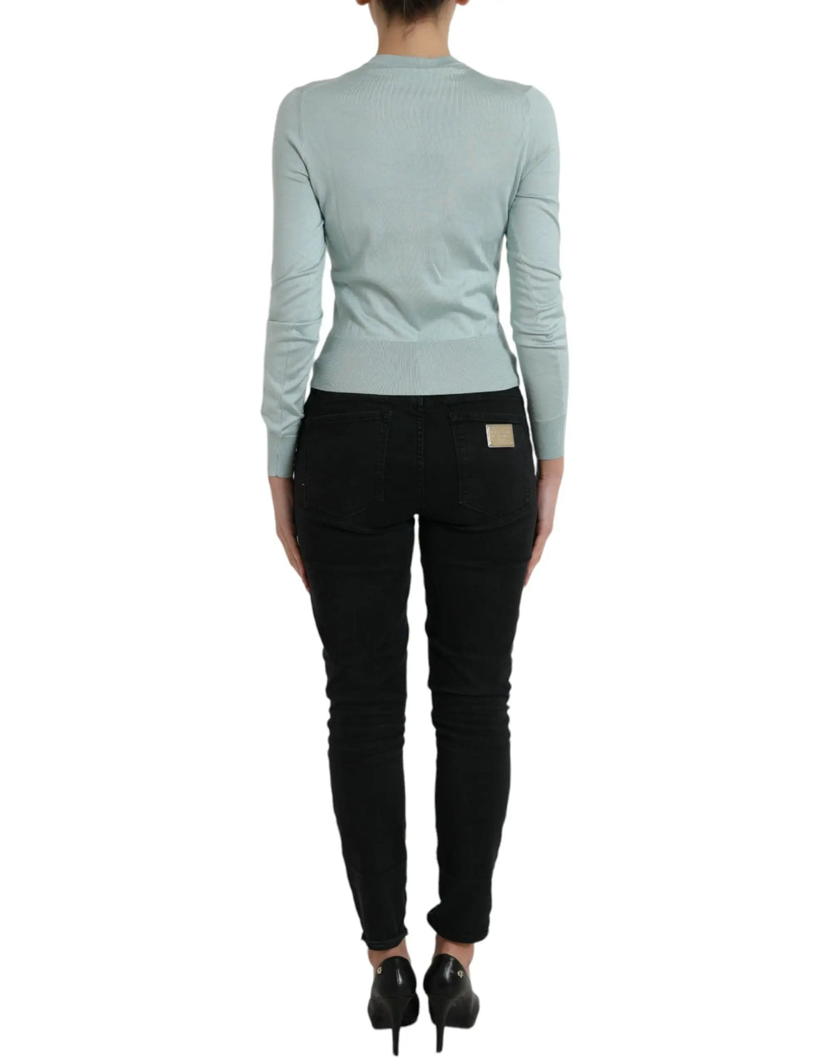 Cardigan dolce & gabbana bleu clair en soie avec col rond côtelé et manches longues en maille fine