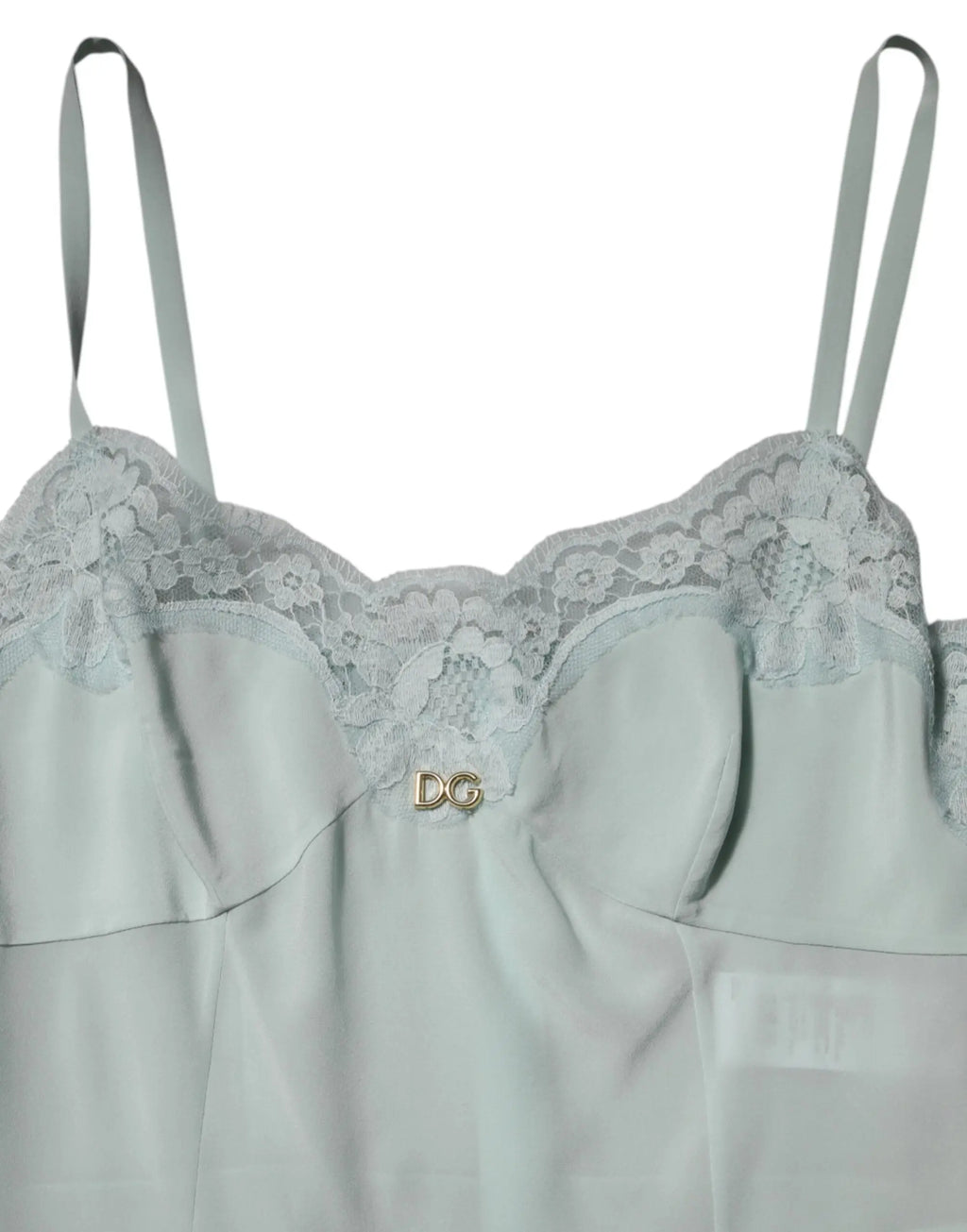 Dolce & gabbana robe midi bleu ciel en soie avec bodycon et caraco satin vert clair à fines bretelles et broderie dentelle