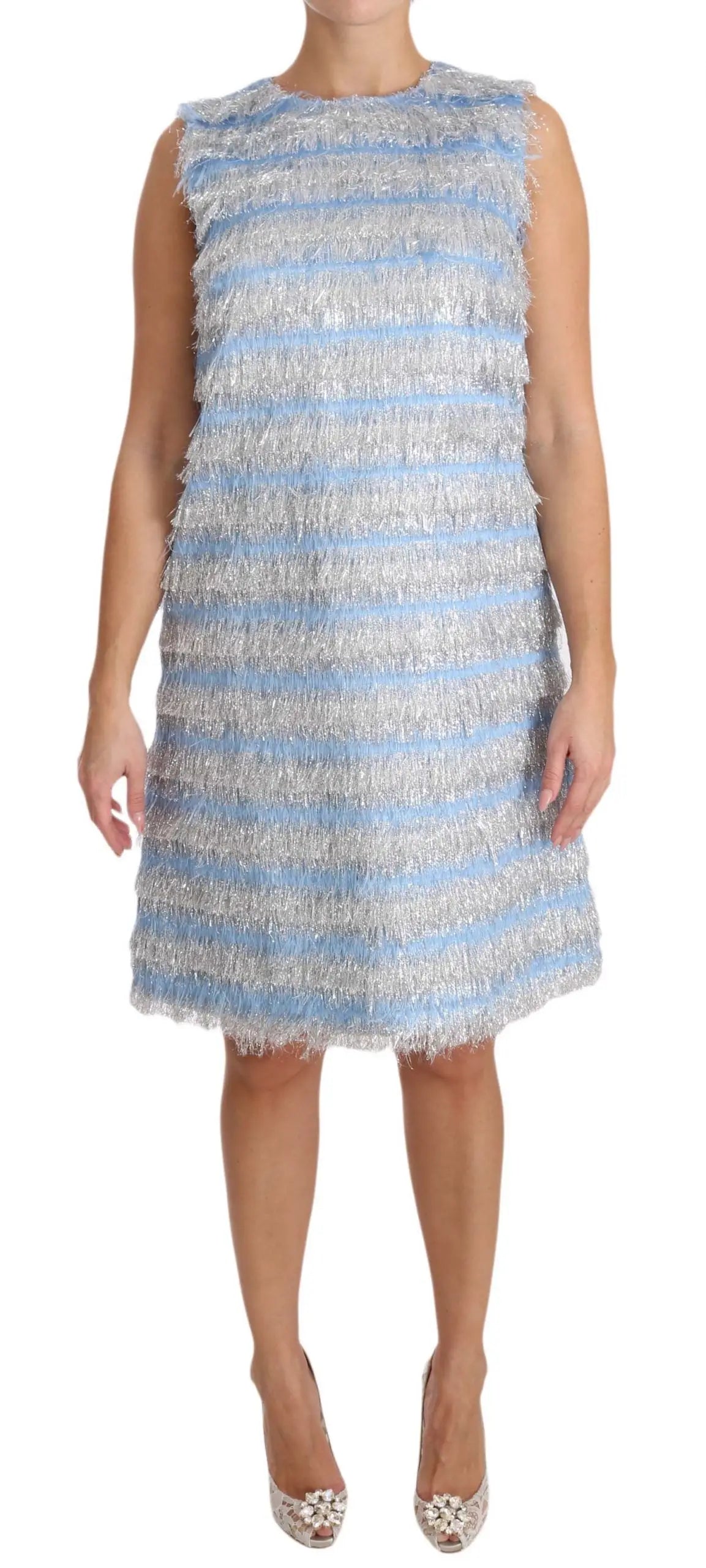 Robe Dolce & Gabbana light blue mi-longue sans manches à bandes horizontales bleu clair et franges argentées