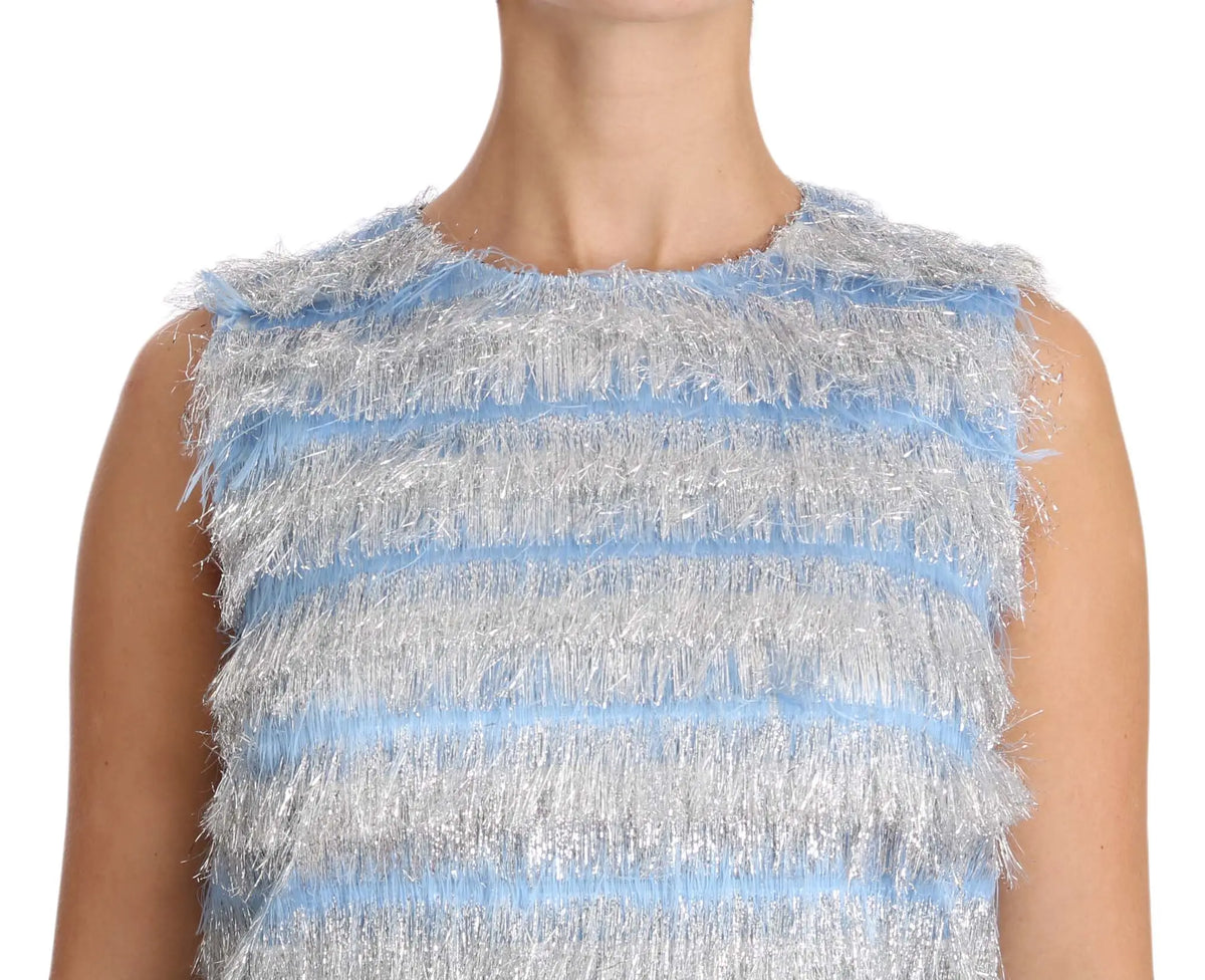 Dolce & gabbana light blue sleeveless top with horizontal stripes and shimmering silver fringe detailing