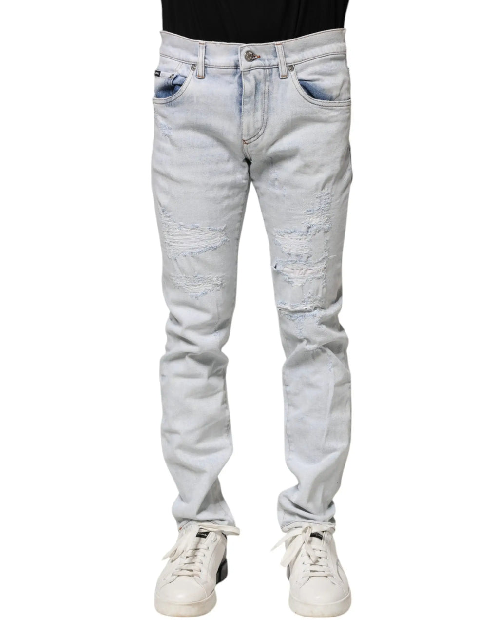 Jean skinny délavé clair dolce & gabbana en denim avec détails déchirés aux genoux et cuisses