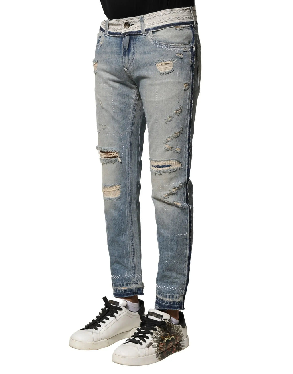 Jean droit dolce & gabbana homme en denim bleu clair déchiré avec détails effilochés et coupe slim