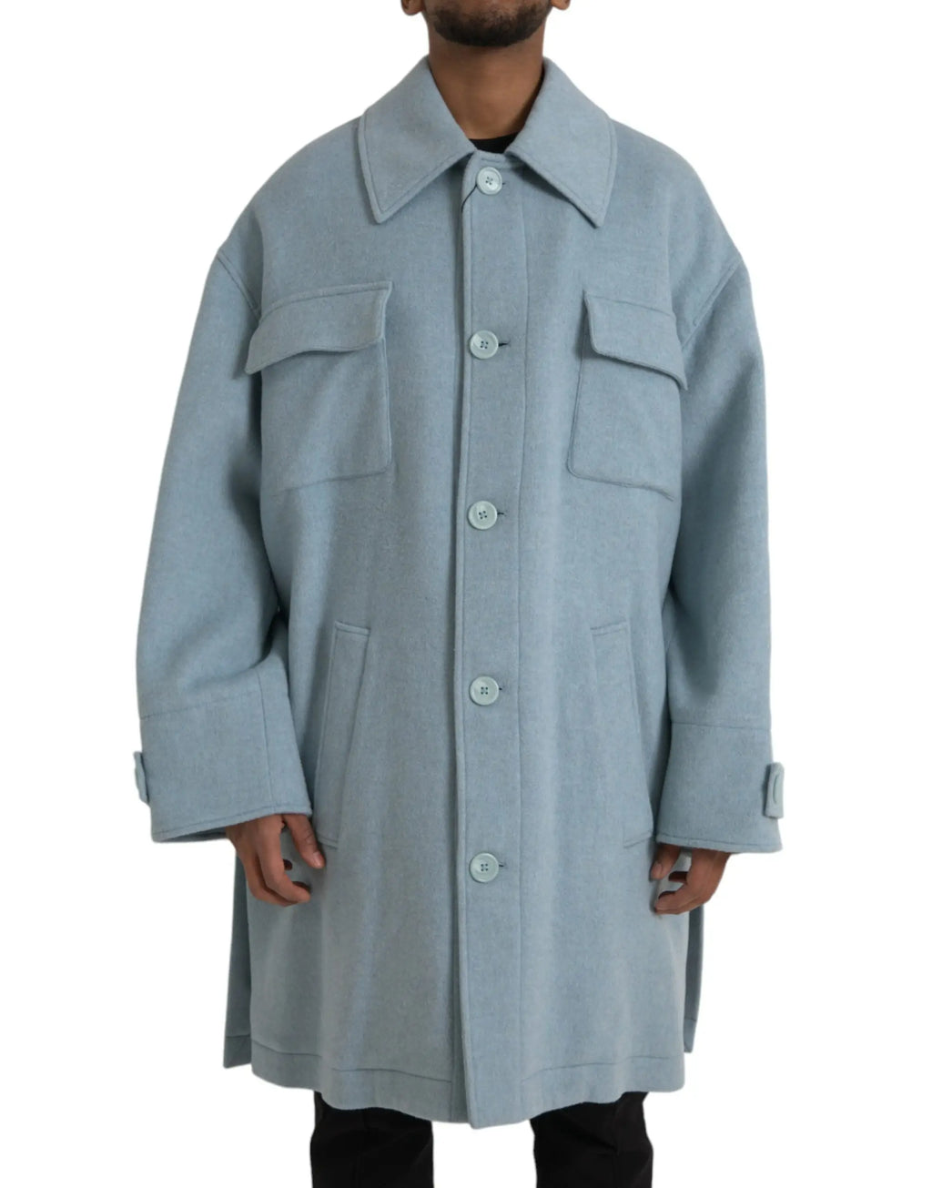 Manteau trench oversize en laine bleu clair dolce & gabbana avec col classique et fermeture boutonnée devant