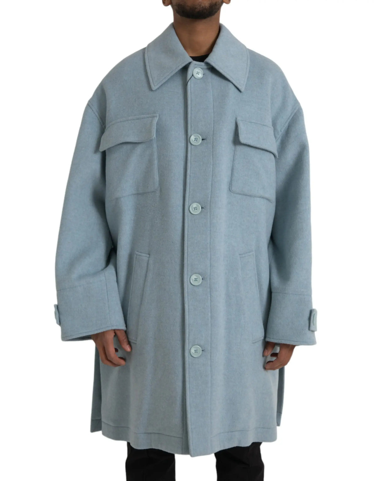 Manteau trench oversize en laine bleu clair dolce & gabbana avec col classique et fermeture boutonnée devant