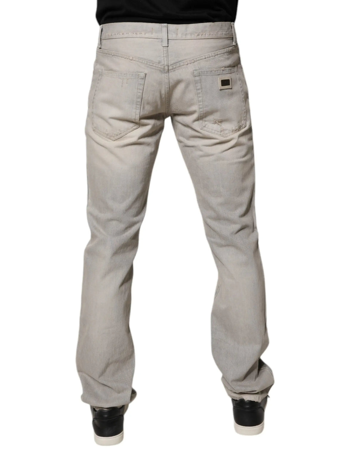 Jeans en denim beige droit avec légère décoloration et patch noir dolce gabbana gris clair en coton skinny vue arrière