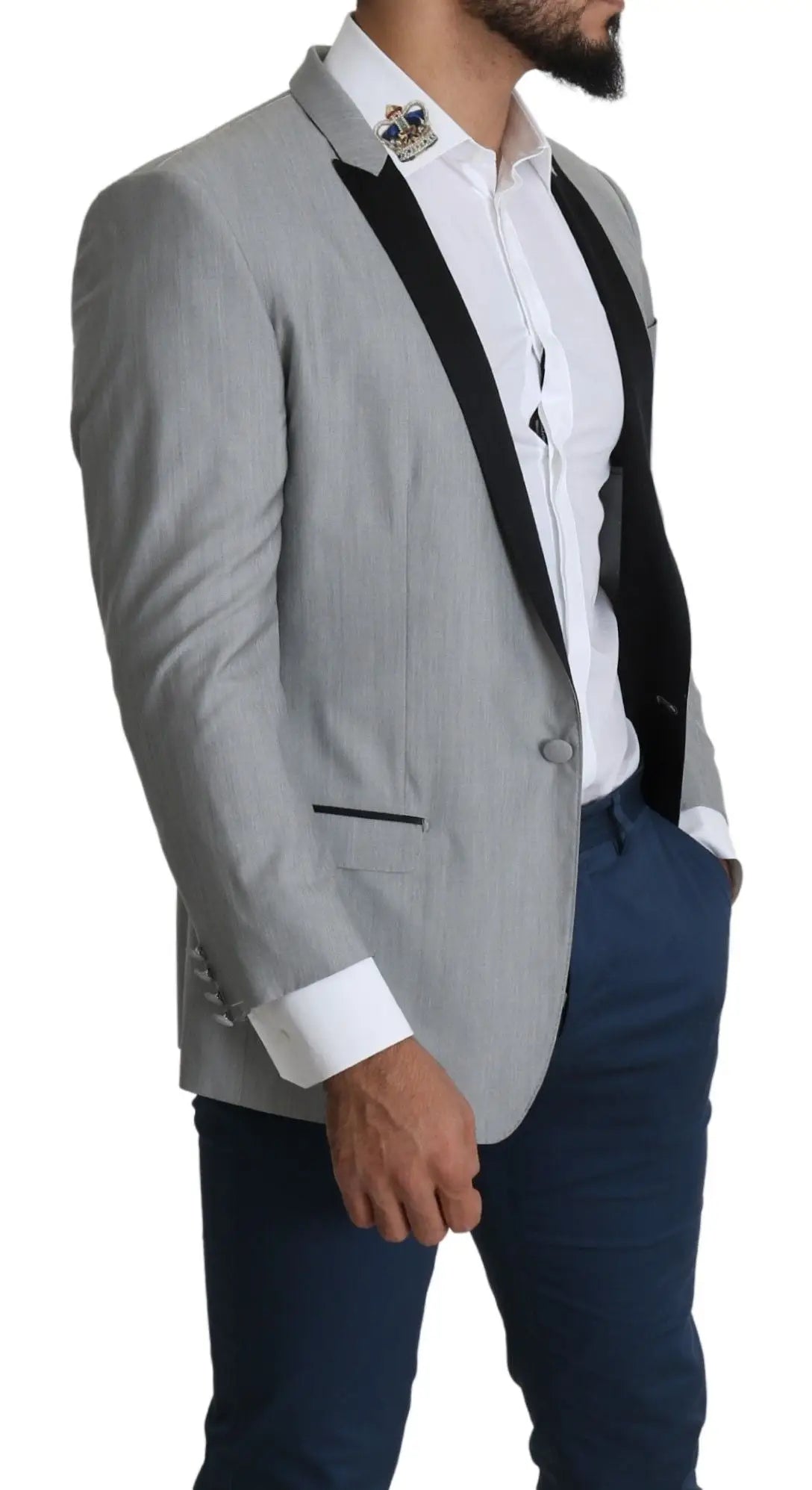 Blazer sartoria dolce & gabbana gris clair simple boutonnage avec revers en satin noir et emblème décoratif sur le col