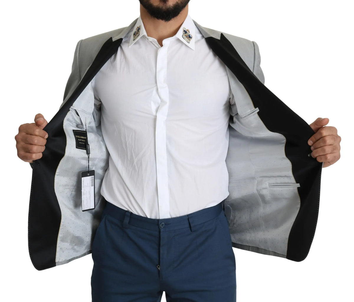 Dolce gabbana blazer sartoria gris clair pour homme en laine avec revers noirs et broderies décoratives au col