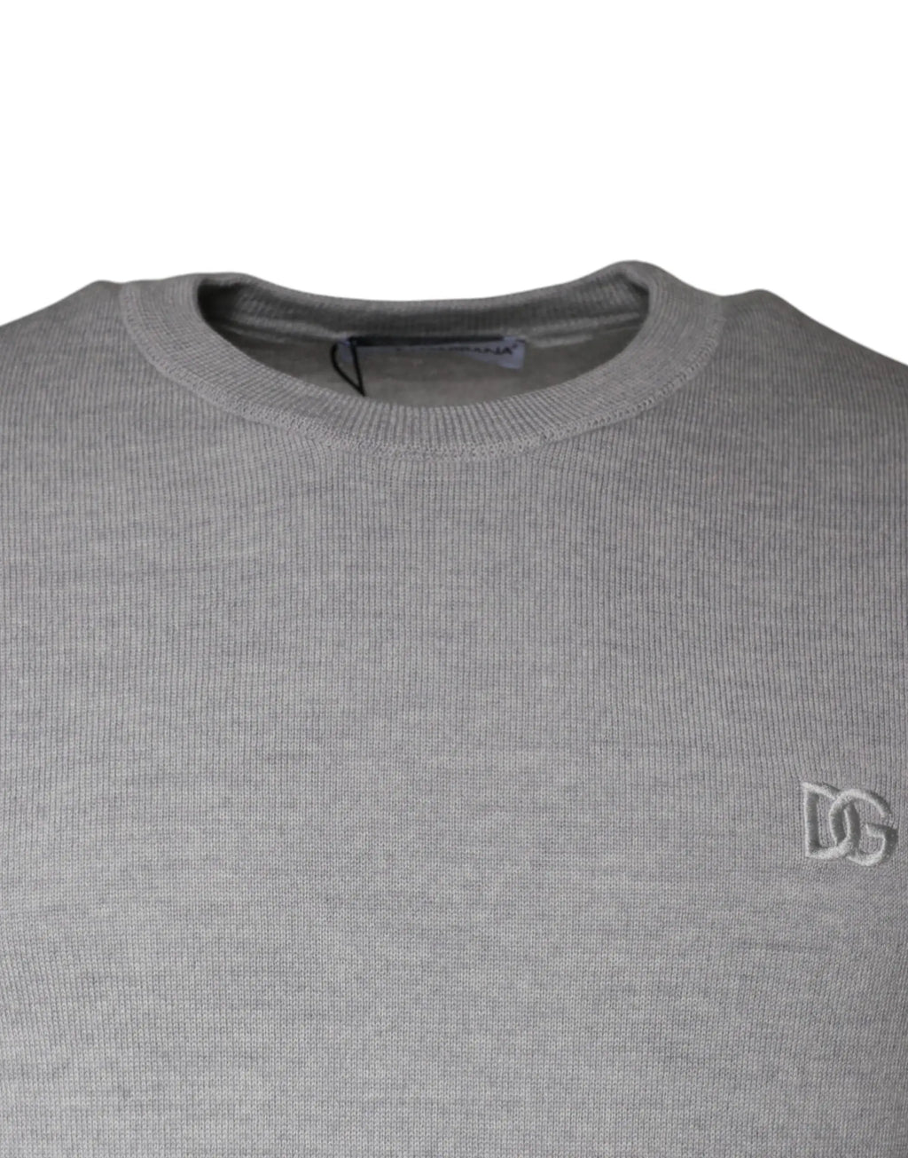 Pull à col rond en laine gris clair dolce gabbana avec logo dg brodé subtil sur la poitrine